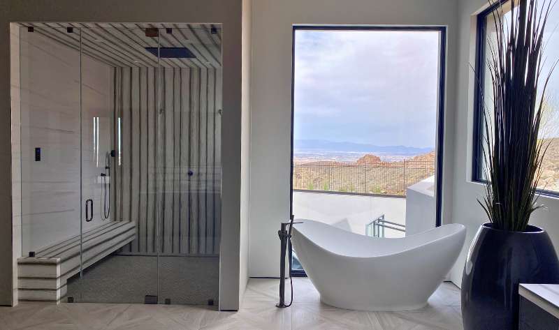 Semi frameless shower door installed in home’s bathroom. Semi frameless shower door installed in home's bathroom.