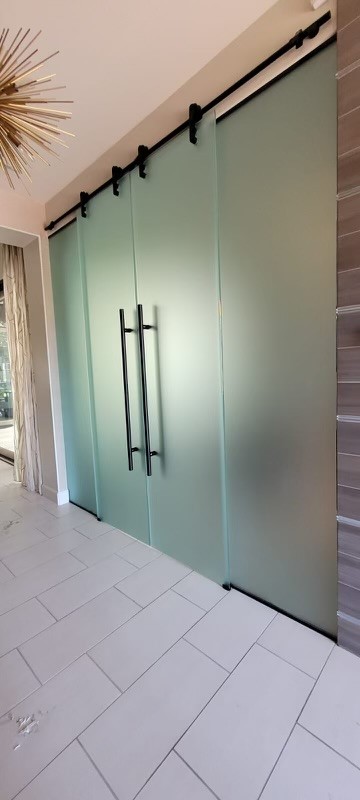 Custom glass sliding door, in Las Vegas home.