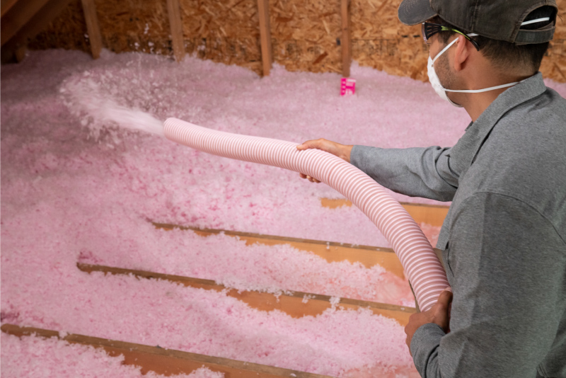 Fiberglass insulation technician, installing blown-in insulation in a home’s attic. Fiberglass insulation technician, installing blown-in insulation in a home's attic.